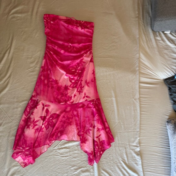 Wrapper Vintage Pink Floral Strapless Ruched Handkerchief Hem Midi Dress Large - Picture 3 of 11